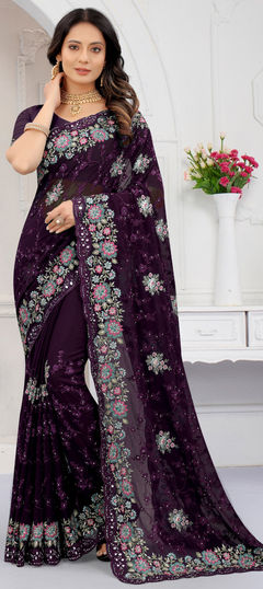 Purple and Violet color Saree in Georgette fabric with Embroidered, Mirror, Resham, Stone, Zircon work