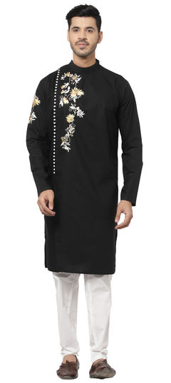 Black and Grey color Kurta Pyjamas in Cotton fabric with Embroidered work