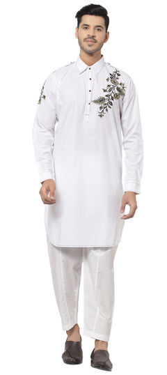 White and Off White color Kurta Pyjamas in Cotton fabric with Embroidered work