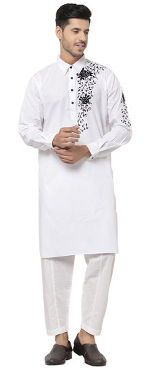 White and Off White color Kurta Pyjamas in Cotton fabric with Embroidered work