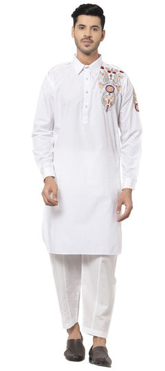 White and Off White color Kurta Pyjamas in Cotton fabric with Embroidered work