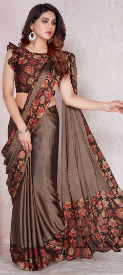 Beige and Brown color Saree in Chiffon fabric with Printed work