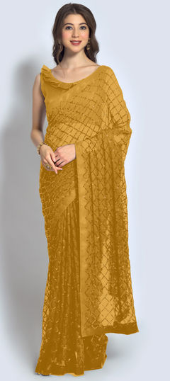 Festive, Party Wear Gold color Saree in Georgette fabric with Classic Embroidered, Sequence, Thread work : 1798369