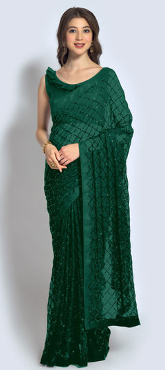 Green color Saree in Georgette fabric with Embroidered, Sequence, Thread work