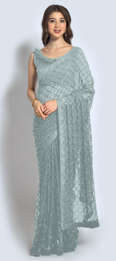 Black and Grey color Saree in Georgette fabric with Embroidered, Sequence, Thread work