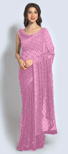 Pink and Majenta color Saree in Georgette fabric with Embroidered, Sequence, Thread work