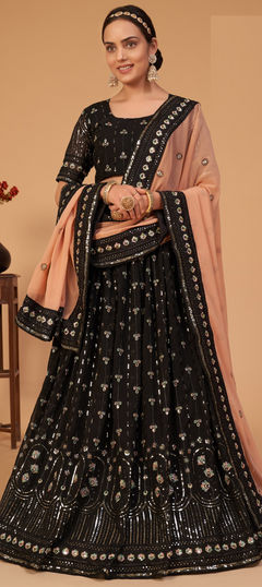 Black and Grey color Lehenga in Georgette fabric with Embroidered, Sequence, Thread work