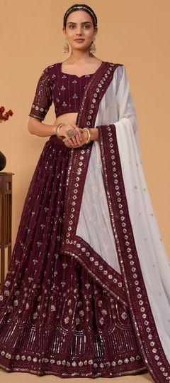 Red and Maroon color Lehenga in Georgette fabric with Embroidered, Sequence, Thread work