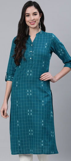 Casual Blue color Kurti in Cotton fabric with Long Sleeve, Straight Printed work : 1798709