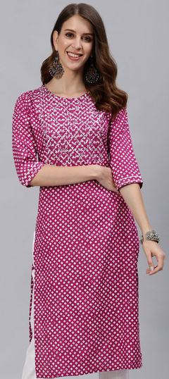 Casual Pink and Majenta color Kurti in Rayon fabric with Long Sleeve, Straight Printed work : 1798743