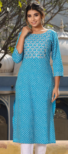 Casual Blue color Kurti in Rayon fabric with Long Sleeve, Straight Printed, Zari work : 1798789