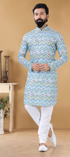 Blue color Kurta Pyjamas in Cotton fabric with Printed work