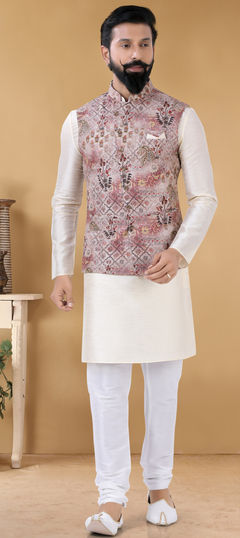 Beige and Brown color Kurta Pyjama with Jacket in Art Silk fabric with Printed work