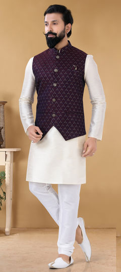 Red and Maroon color Kurta Pyjama with Jacket in Jacquard fabric with Weaving work