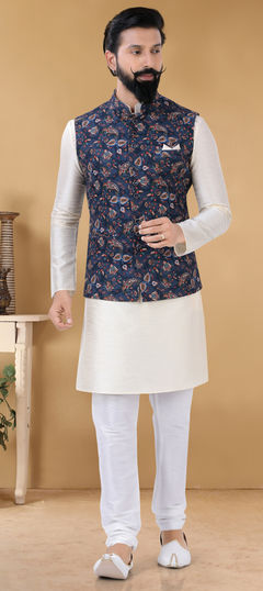 Blue color Kurta Pyjama with Jacket in Cotton fabric with Printed work