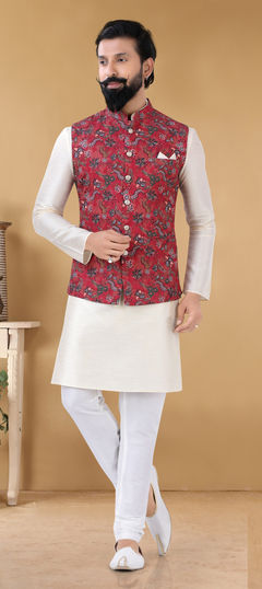 Red and Maroon color Kurta Pyjama with Jacket in Cotton fabric with Printed work