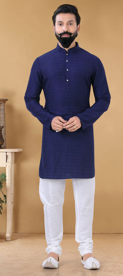 Blue color Kurta Pyjamas in Cotton fabric with Printed work