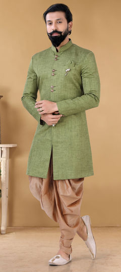 Green color IndoWestern Dress in Linen fabric with Broches work