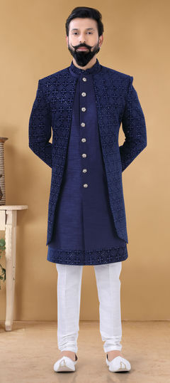 Blue color IndoWestern Dress in Velvet fabric with Embroidered, Resham, Thread work