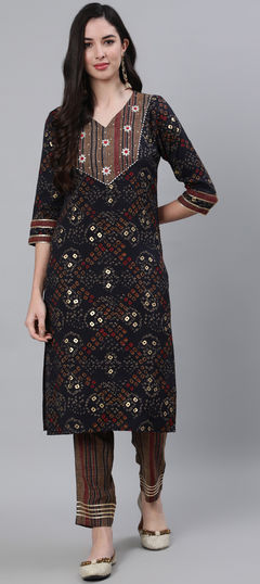 Casual Black and Grey color Tunic with Bottom in Rayon fabric with Bandhej, Printed, Zari work : 1799058