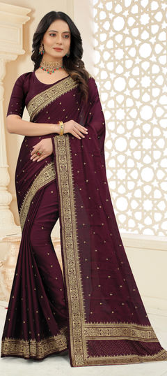 Purple and Violet color Saree in Art Silk, Silk fabric with Embroidered, Stone, Swarovski, Thread, Zari work