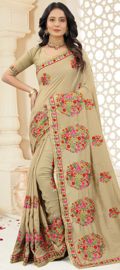 Beige and Brown color Saree in Art Silk, Silk fabric with Border, Embroidered, Resham, Thread work