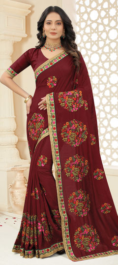 Red and Maroon color Saree in Art Silk, Silk fabric with Border, Embroidered, Resham, Thread work