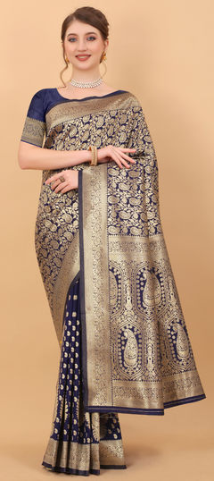 Black and Grey color Saree in Kanchipuram Silk, Silk fabric with Weaving work