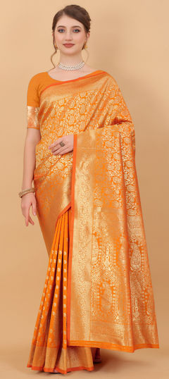 Orange color Saree in Kanchipuram Silk, Silk fabric with Weaving work