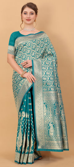 Blue color Saree in Kanchipuram Silk, Silk fabric with Weaving work