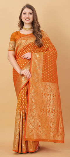 Orange color Saree in Kanchipuram Silk, Silk fabric with Weaving work