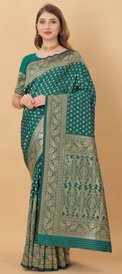 Blue color Saree in Kanchipuram Silk, Silk fabric with Weaving work