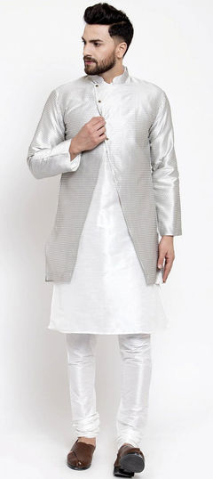 White and Off White color Kurta Pyjama with Jacket in Dupion Silk fabric with Thread work : 1799992