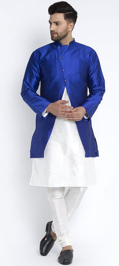 White and Off White color Kurta Pyjama with Jacket in Dupion Silk fabric with Thread work : 1799994