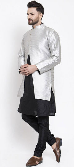 Black and Grey color Kurta Pyjama with Jacket in Dupion Silk fabric with Thread work : 1799997