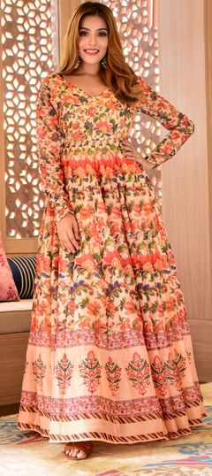 Party Wear Multicolor color Gown in Muslin fabric with Digital Print work : 1800176