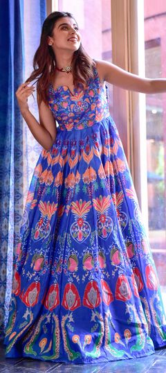 Party Wear Blue color Gown in Muslin fabric with Digital Print work : 1800177