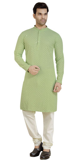 Green color Kurta Pyjamas in Cotton fabric with Embroidered, Sequence, Thread work : 1800230