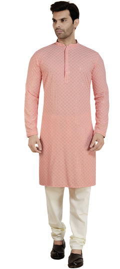 Pink and Majenta color Kurta Pyjamas in Cotton fabric with Embroidered, Sequence, Thread work : 1800234