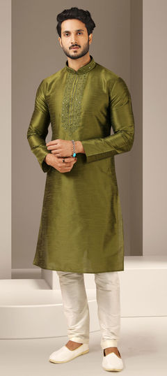 Green color Kurta Pyjamas in Art Silk fabric with Embroidered, Mirror, Thread work