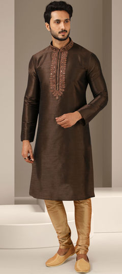 Beige and Brown color Kurta Pyjamas in Art Silk fabric with Embroidered, Mirror, Thread work