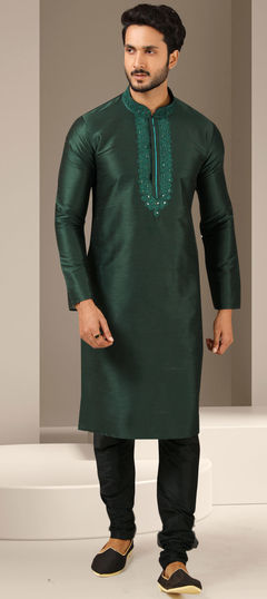 Green color Kurta Pyjamas in Art Silk fabric with Embroidered, Mirror, Thread work