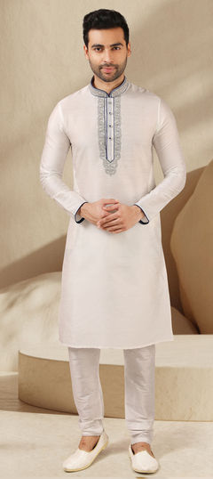 White and Off White color Kurta Pyjamas in Art Silk fabric with Embroidered, Mirror, Thread work