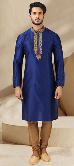 Blue color Kurta Pyjamas in Art Silk fabric with Embroidered, Mirror, Thread work