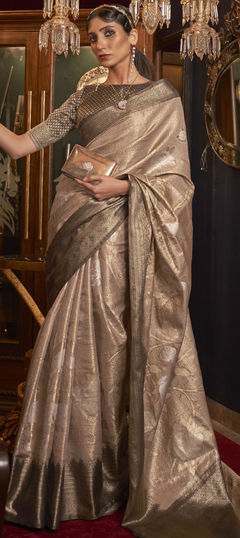 Beige and Brown color Saree in Jacquard fabric with Weaving work