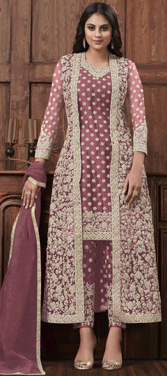 Pink and Majenta color Salwar Kameez in Net fabric with Embroidered, Stone, Thread, Zari work
