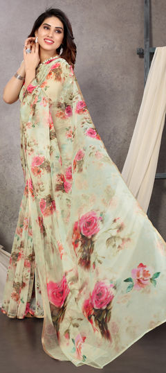 Green color Saree in Organza Silk, Silk fabric with Digital Print, Floral work