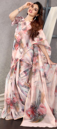 Pink and Majenta color Saree in Organza Silk, Silk fabric with Digital Print, Floral work