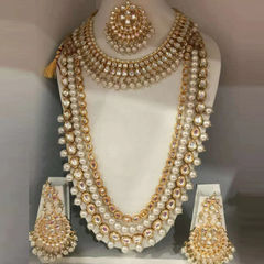 Gold Rodium Polish White and Off White color Necklace in Metal Alloy studded with CZ Diamond, Kundan