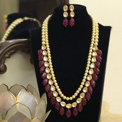 Gold Rodium Polish Red and Maroon color Necklace in Metal Alloy studded with CZ Diamond, Kundan